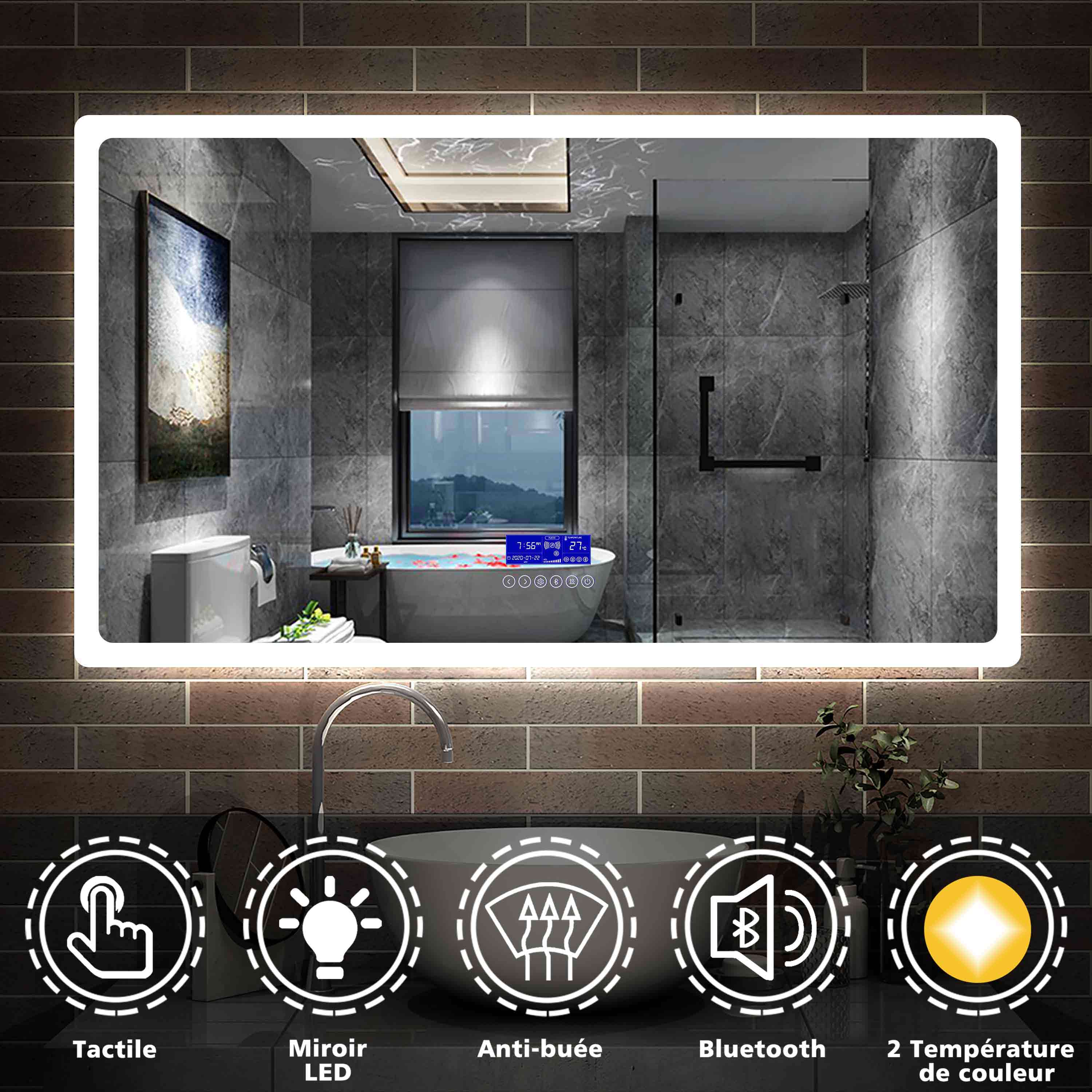 Miroir de salle de bain 160cmx80cm multifonctionnel avec couleur LED réglable + antibuée + Panneau LCD (Tactile, Haut-Parleur Bluetooth, Horloge, Date